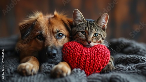 couple of friends a striped cat and dog puppy are lying with knitted red hearts photo