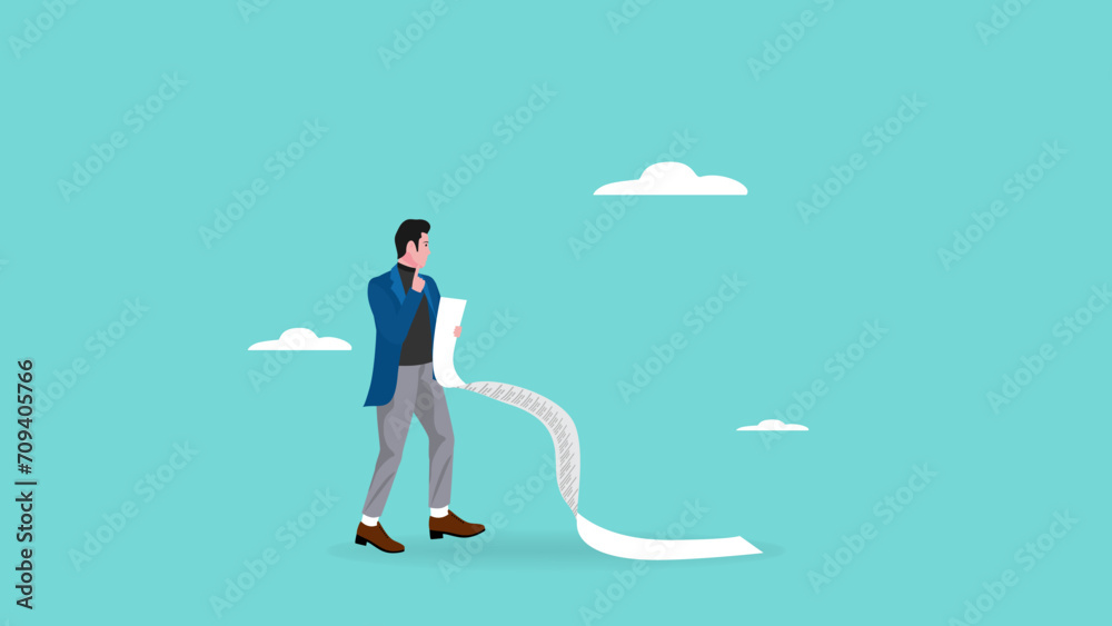 payment bill, income tax or expense on long invoice receipt paper, confused businessman with long bill paper concept vector illustration payment bill, income tax or expense on long invoice receipt paper, confused businessman with long bill paper concept vector illustration