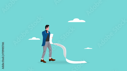 payment bill, income tax or expense on long invoice receipt paper, confused businessman with long bill paper concept vector illustration