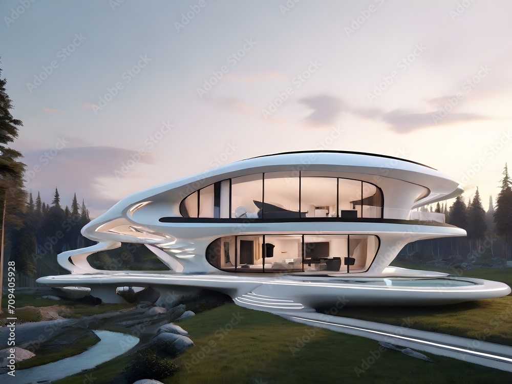 Explore a futuristic world house design, featuring sleek lines
