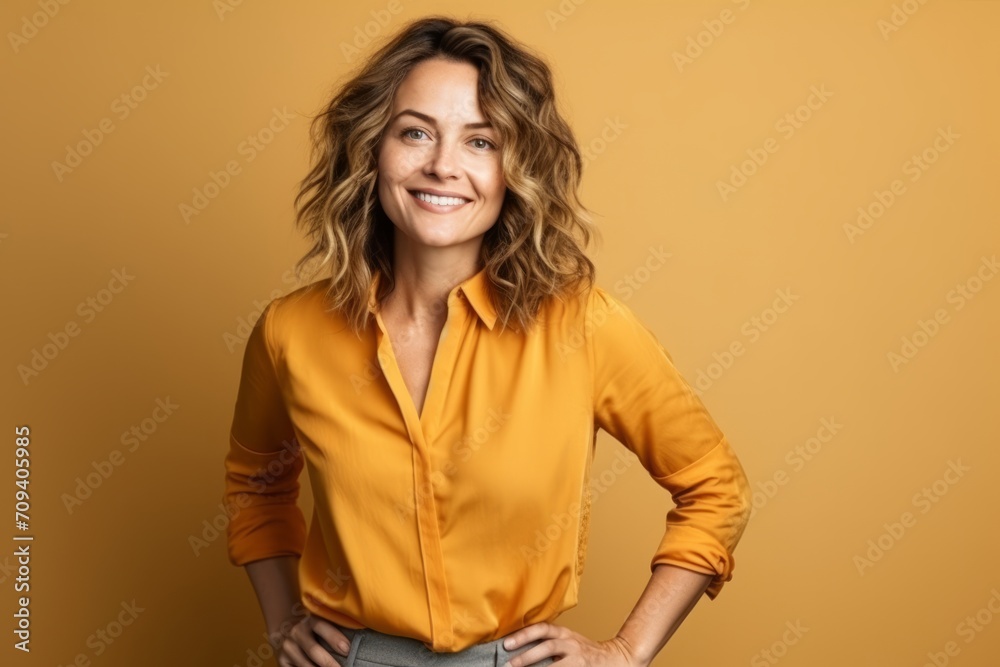 Portrait of a smiling businesswoman standing with hands on hips over yellow background Portrait of a smiling businesswoman standing with hands on hips over yellow background