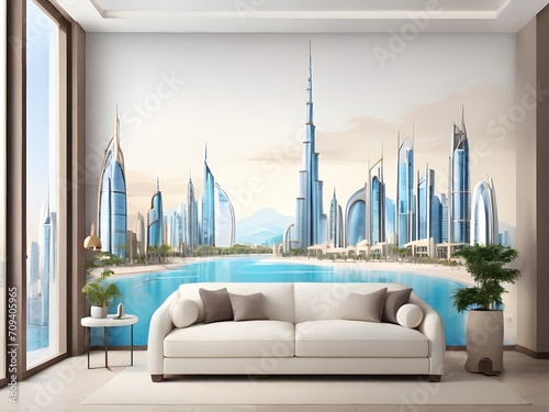 Transform your space with our visually descriptive and detailed Dubai skyline wallpaper. With stylistic rendering adjectives like sleek, modern, and luxurious, our AI platform  photo