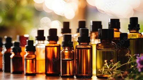 Closeup of a large selection of plantbased oils used in ethical beauty products.