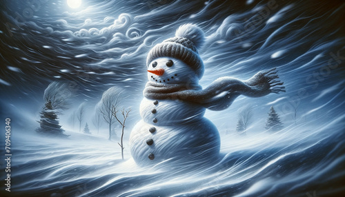 An image of a snowman in the midst of stormy weather - Generative AI photo