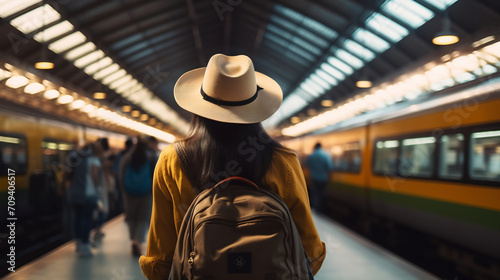 Female Traveler with Yellow Backpack Waiting at Busy Train Station During Sunset, Travel and Adventure Concept © AspctStyle