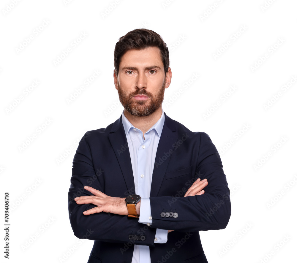 Portrait of serious man with crossed arms on white background. Lawyer, businessman, accountant or manager Portrait of serious man with crossed arms on white background. Lawyer, businessman, accountant or manager