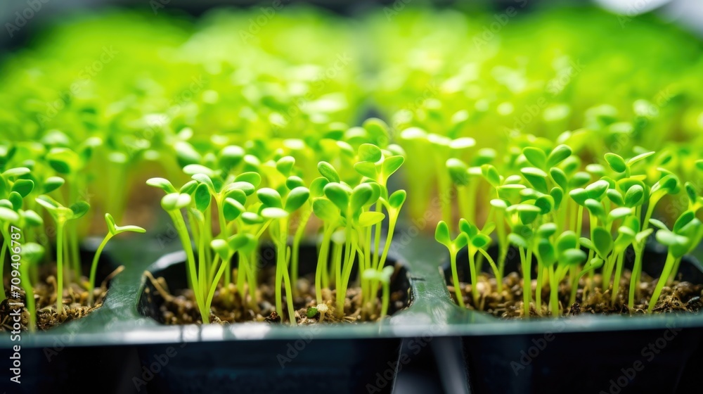 Closeup of delicate microgreens sprouting in their designated growing trays. - obrazy, fototapety, plakaty 
