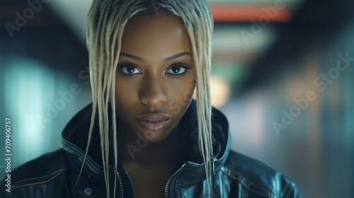Photorealistic Adult Black Woman with Blond Straight Hair Futuristic Illustration. Portrait of a person in cyberpunk style. Cyberspace Ai Generated Horizontal Illustration. photo