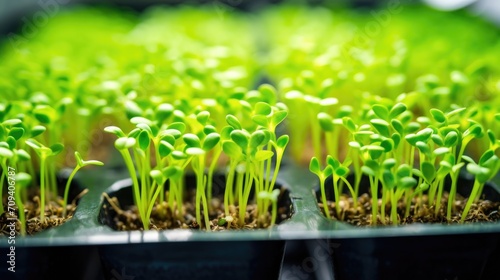 Closeup of delicate microgreens sprouting in their designated growing trays. photo