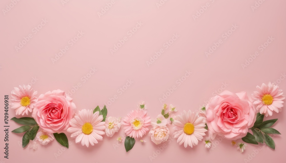 Greeting card template for wedding, mother's day or women's day. Spring composition with copy space. Banner with flowers on a light pink background. Flat style