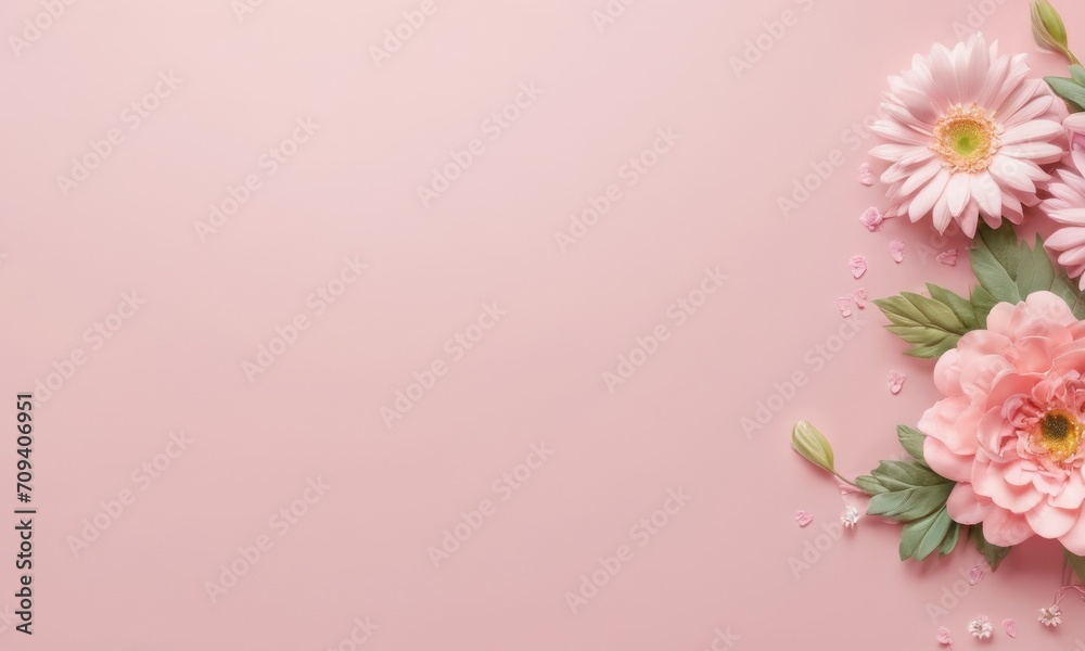 Greeting card template for wedding, mother's day or women's day. Spring composition with copy space. Banner with flowers on a light pink background. Flat style