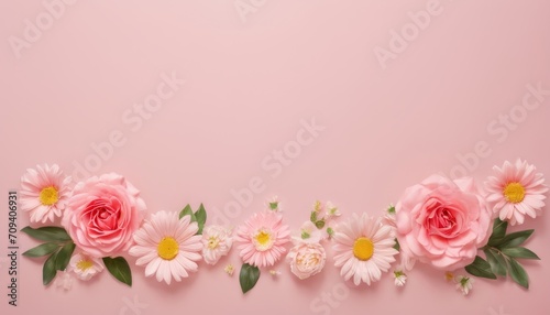 Greeting card template for wedding, mother's day or women's day. Spring composition with copy space. Banner with flowers on a light pink background. Flat style