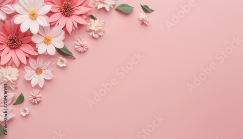 Greeting card template for wedding, mother's day or women's day. Spring composition with copy space. Banner with flowers on a light pink background. Flat style © Pink Zebra
