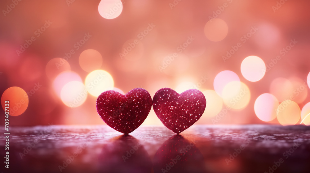 Two Glittering Red Hearts Against a Bokeh Light Background. Romantic Celebration and Valentine's Day Concept Two Glittering Red Hearts Against a Bokeh Light Background. Romantic Celebration and Valentine's Day Concept