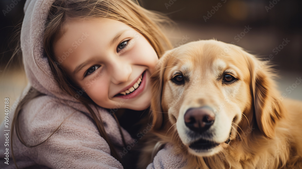Smiling Young Girl in Hooded Jacket Cuddling with Her Golden Retriever Dog. Genuine Affection and Childhood Memories Concept