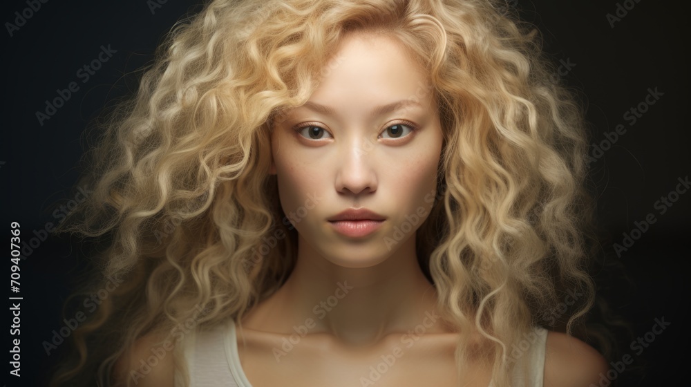 Photorealistic Adult Chinese Woman with Blond Curly Hair Futuristic Illustration. Portrait of a person in cyberpunk style. Cyberspace Ai Generated Horizontal Illustration.