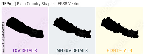 Nepal - plain country shapes. Low, medium, and high detailed maps of Nepal. EPS8 Vector illustration.
