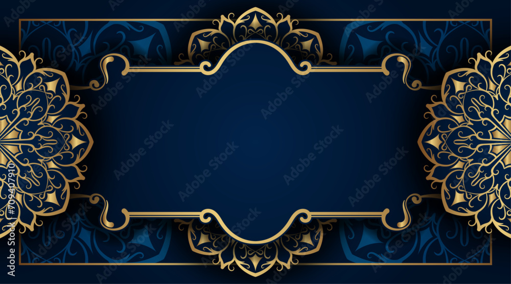Blue background with golden mandala ornament Blue background with golden mandala ornament