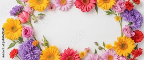 Greeting card template for wedding, mother's day or women's day. Spring composition with copy space. Banner with flowers on a white background. Flat style