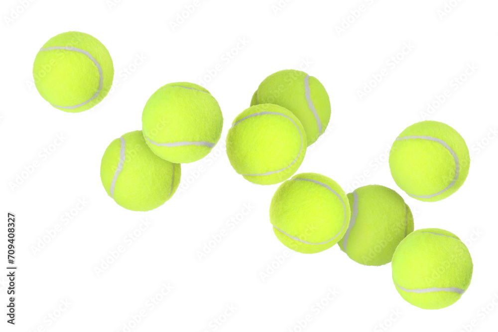 Many tennis balls flying on white background