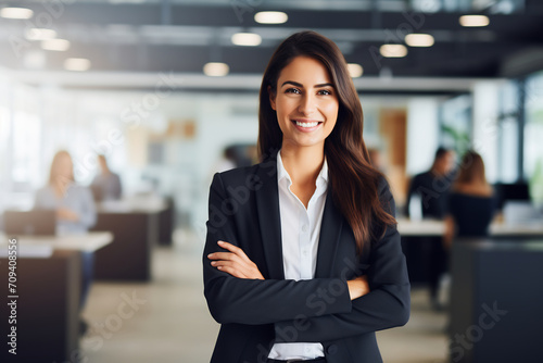 Confident Businesswoman with Arms Crossed Smiling in Modern Office Environment, Professional Leadership Concept