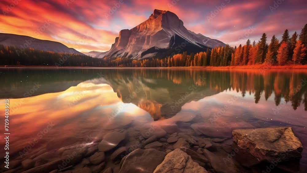 Vidéo Stock autumn sunrise on mount rundle from two jack lake ...