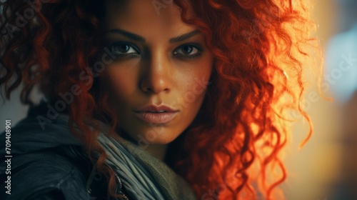 Photorealistic Adult Indian Woman with Red Curly Hair Futuristic Illustration. Portrait of a person in cyberpunk style. Cyberspace Ai Generated Horizontal Illustration.