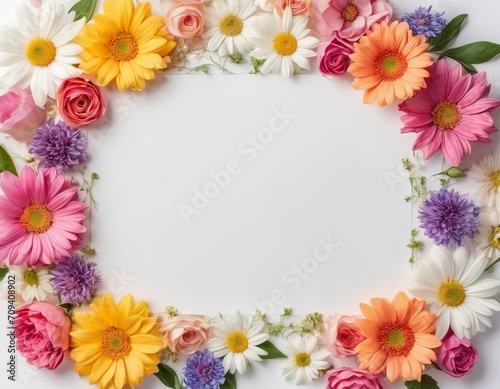 Greeting card template for wedding  mother s day or women s day. Spring composition with copy space. Banner with flowers on a white background. Flat style