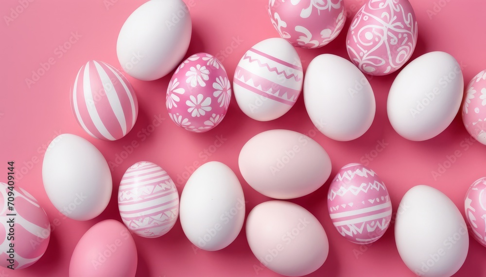 Pattern of pink, white, blue Easter eggs on a pink background