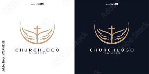 Church logo. Bible, Jesus' cross and angel wings. Wings church logo design icon.