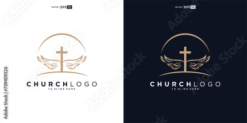 Church logo. Bible, Jesus' cross and angel wings. Wings church logo design icon.