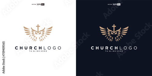 Church logo. Bible, Jesus' cross and angel wings. Wings church logo design icon.