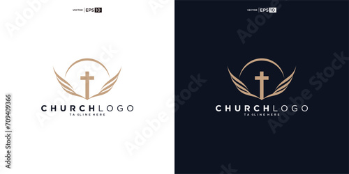 Church logo. Bible, Jesus' cross and angel wings. Wings church logo design icon.