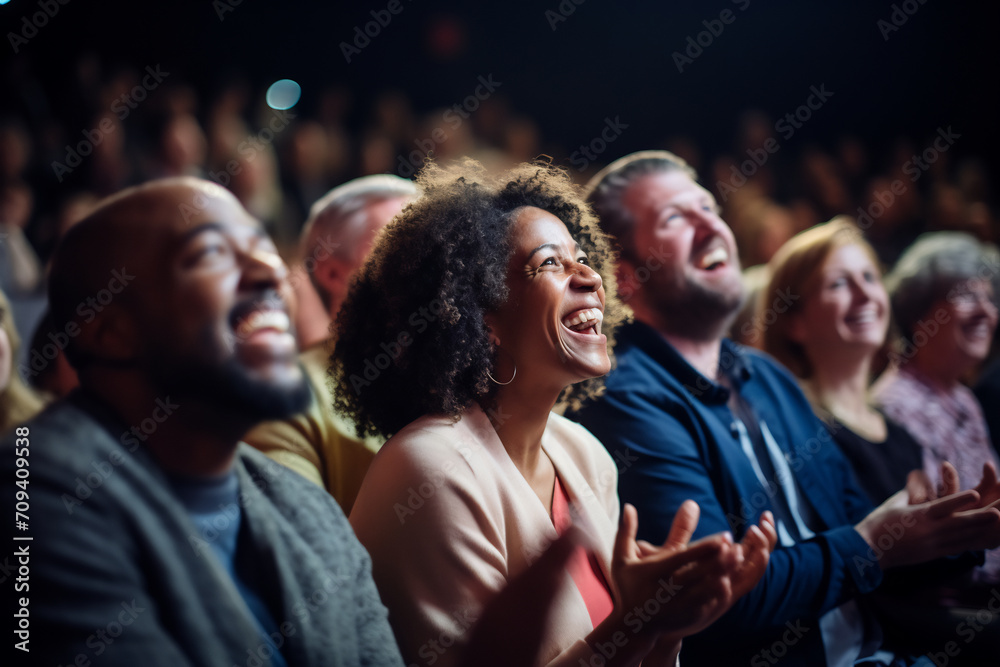 Fototapeta premium Joyful Audience Laughing and Applauding at a Live Performance, Event Enjoyment Concept