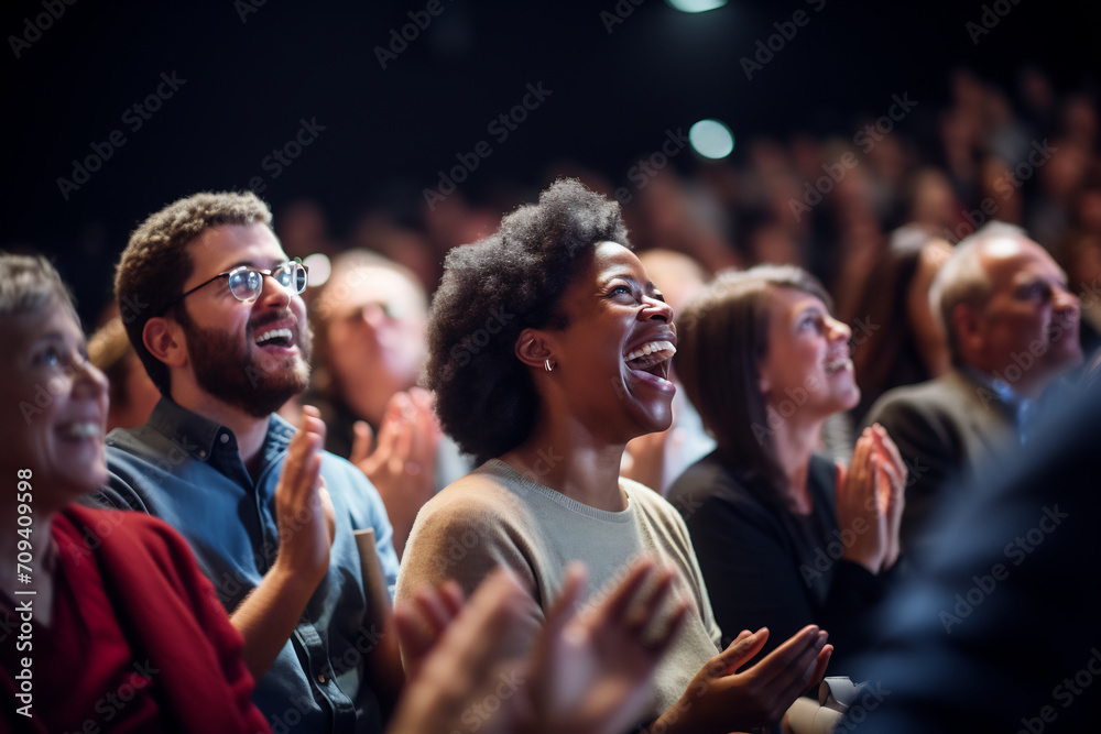 Joyful Audience Laughing and Applauding at a Live Performance, Event Enjoyment Concept - obrazy, fototapety, plakaty 