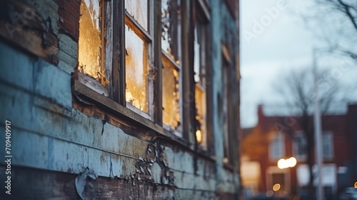 Closeup of a dilapidated building with boardedup windows, representing the issue of aging infrastructure and the need for revitalization in urban planning. photo