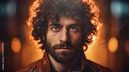 Photorealistic Adult Persian Man with Brown Curly Hair Futuristic Illustration. Portrait of a person in cyberpunk style. Cyberspace Ai Generated Horizontal Illustration.