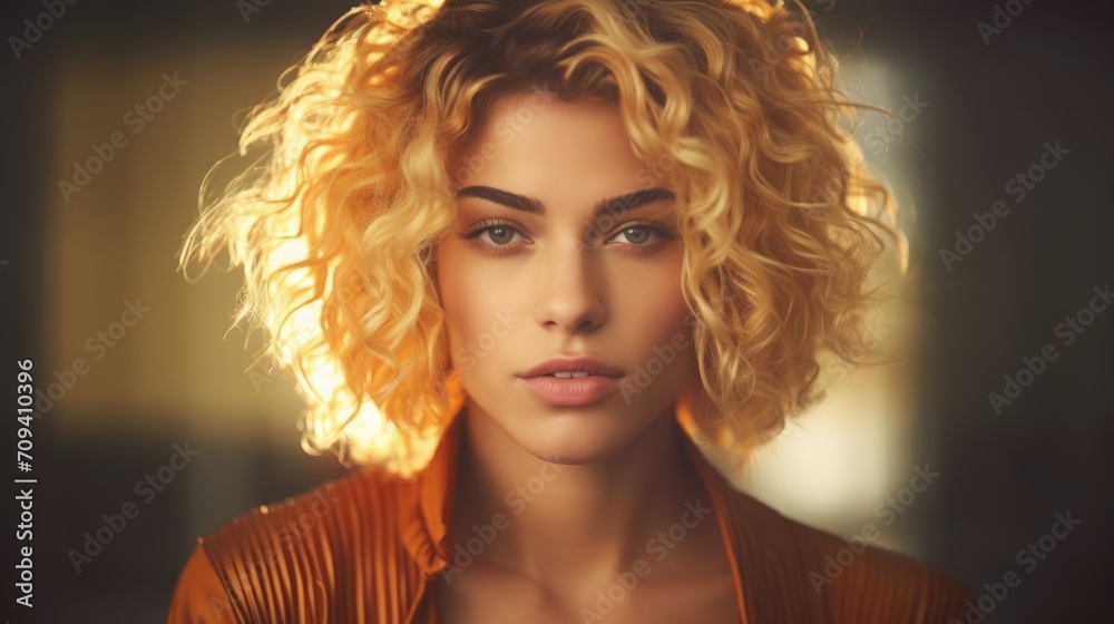Photorealistic Adult Persian Woman with Blond Curly Hair Futuristic Illustration. Portrait of a person in cyberpunk style. Cyberspace Ai Generated Horizontal Illustration.