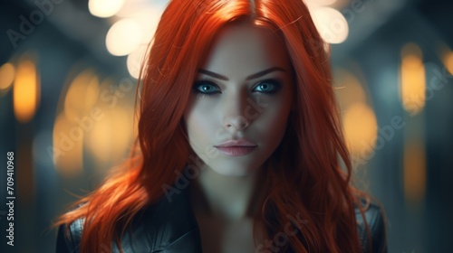 Photorealistic Adult Persian Woman with Red Straight Hair Futuristic Illustration. Portrait of a person in cyberpunk style. Cyberspace Ai Generated Horizontal Illustration. © Vector Juice