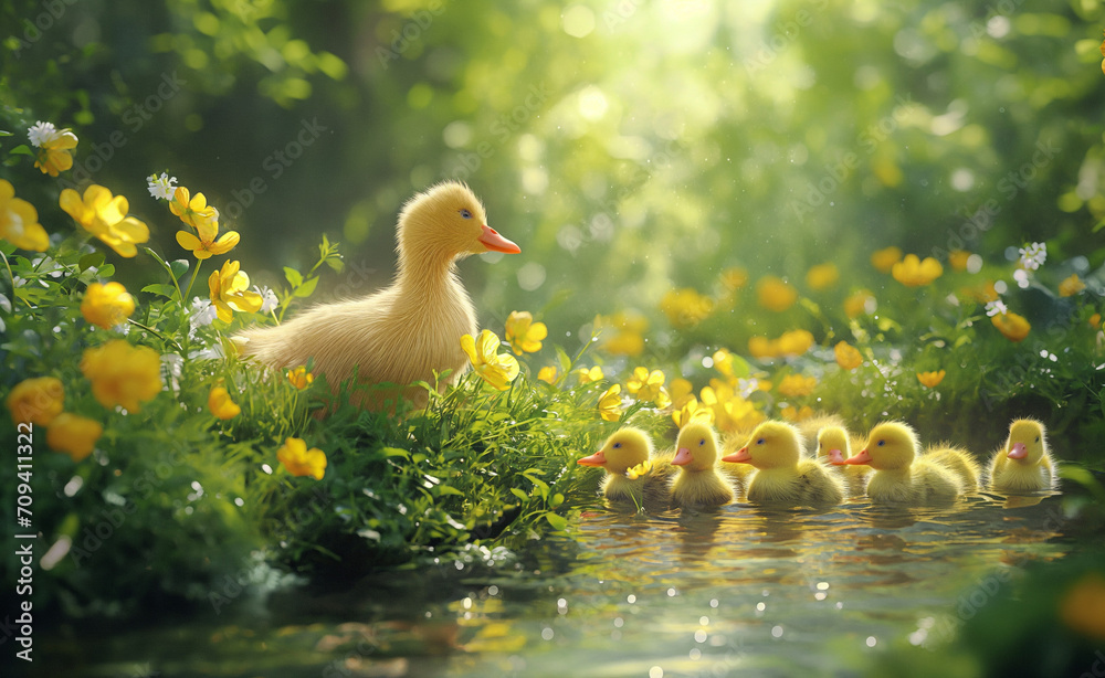 Joyful and lively scene of ducklings in a spring meadow, symbolizing freshness and nature's beauty. easter concept Joyful and lively scene of ducklings in a spring meadow, symbolizing freshness and nature's beauty. easter concept