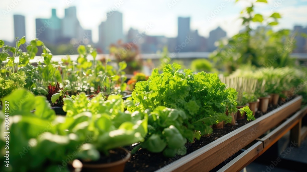 In a closeup shot, a bountiful rooftop garden boasts rows of bright ...