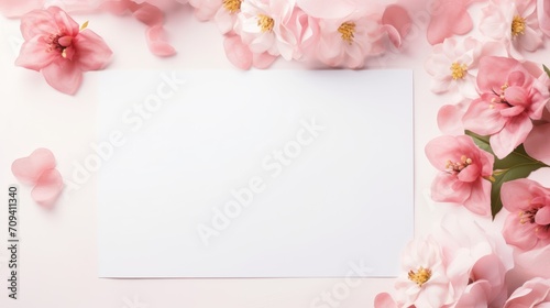 Mockup invitation cards, craft envelopes, pink flowers on pink background. Overhead view. Flat lay, top view invitation card. Copy space.