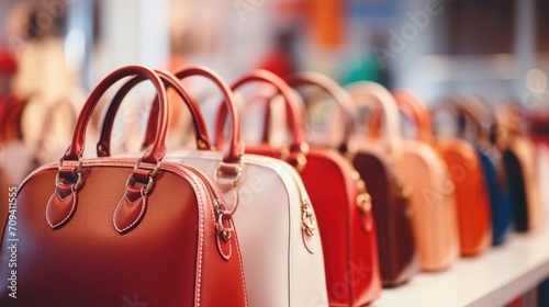 Detailed shot of a row of designer handbags in various shapes and sizes. photo