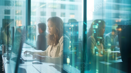 open space in a modern corporate office where business people are working on their laptops. Window reflections. Business and entrepreneurship concept. 
