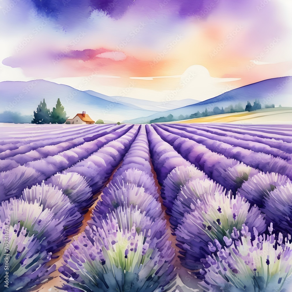A watercolor lavender field