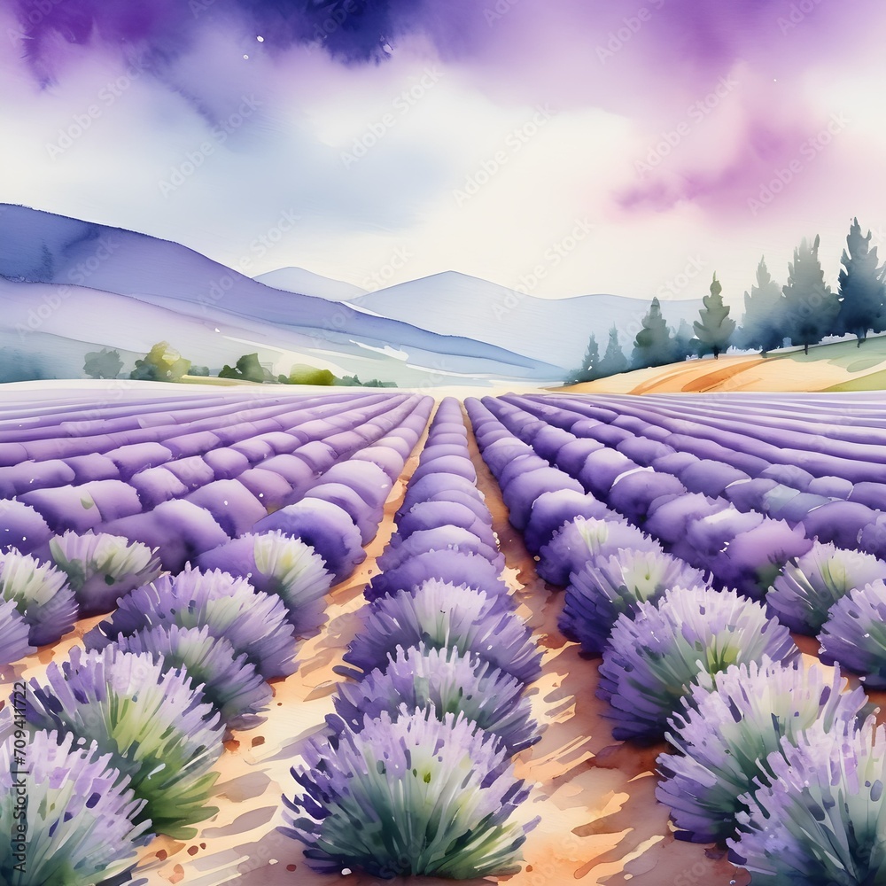 Obraz premium A watercolor lavender field