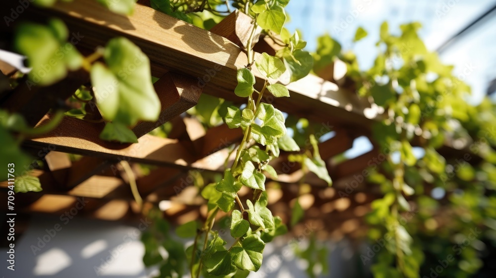 Closeup of intricate wooden trellis covered in crawling ivy, adding a touch of nature to the urban rooftop.