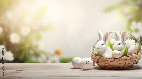 Lovely Easter fluffy bunnies in a wicker basket with colorful Easter eggs and flowers against the backdrop of a green garden on a sunny day, with copy space. Symbol of Easter holiday.