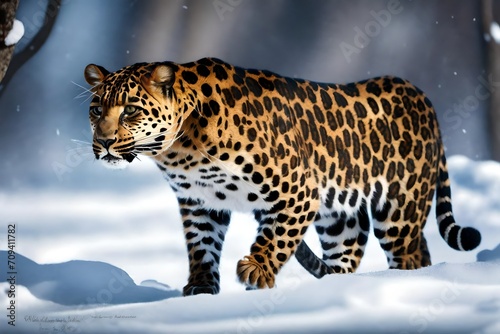 Amur Leopard  Panthera Pardus orientalism  walking through deep snow in winter 