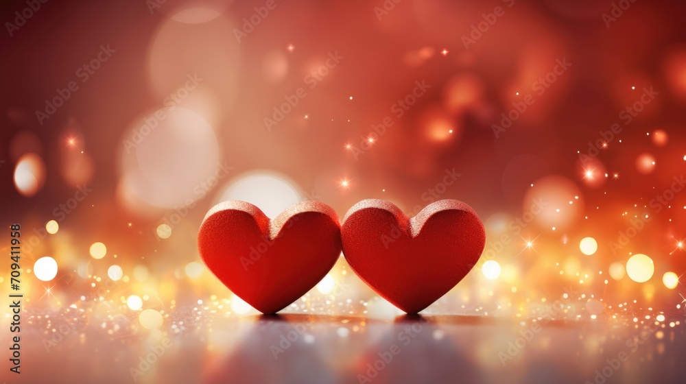 Close up red hearts are placed on the table bokeh background. Valentine's Day background and texture.